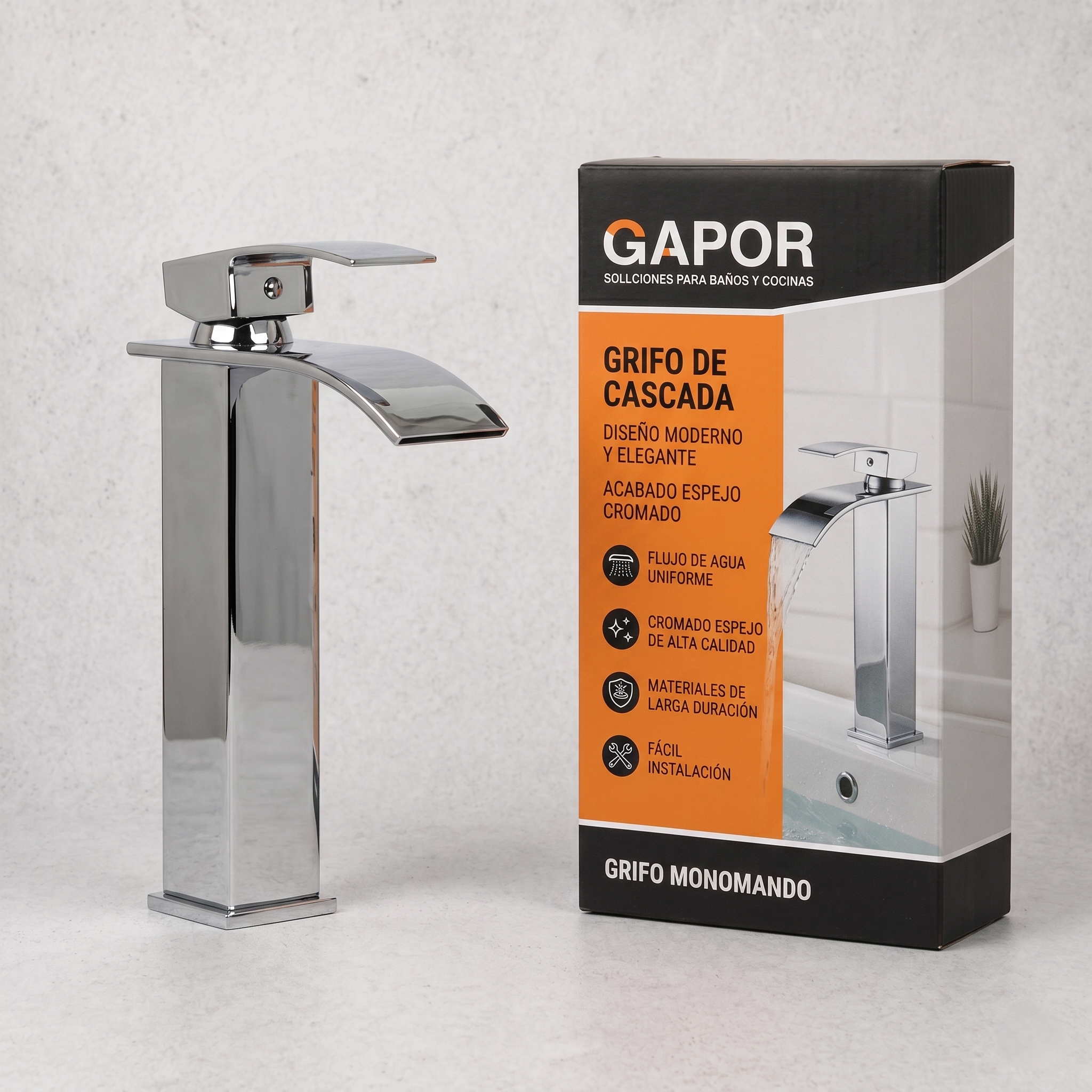 Mezclador lavamano cascada cromada monocontrol-Gapor